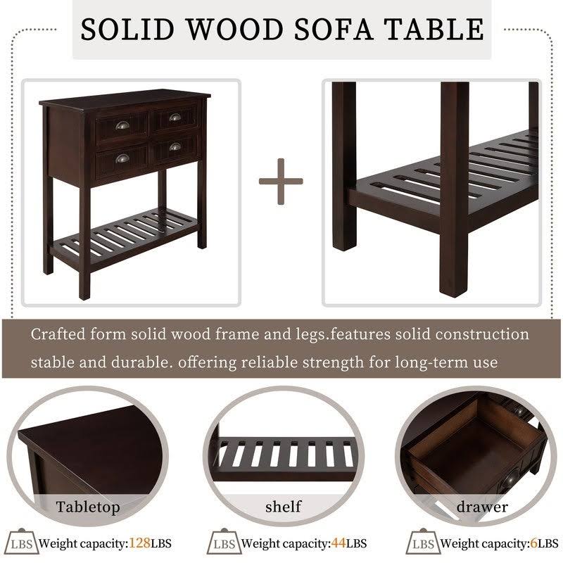 Solid Wood Console Table with 4 Drawers and Slatted Shelf H784