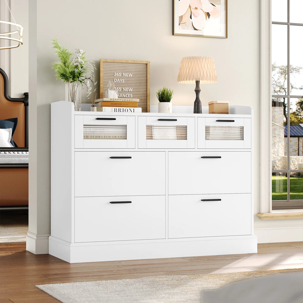 White 7 Drawer Glass Panel Wood Dresser Y852