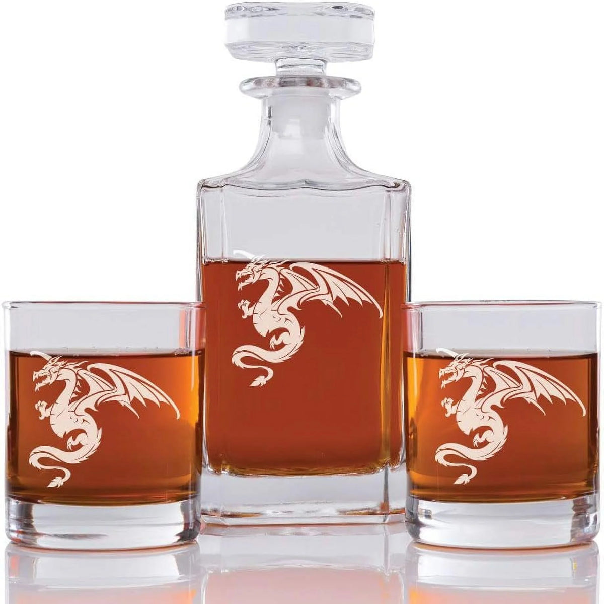 Dragon Engraved Decanter And Rock Glasses, Set Of 3 B5526