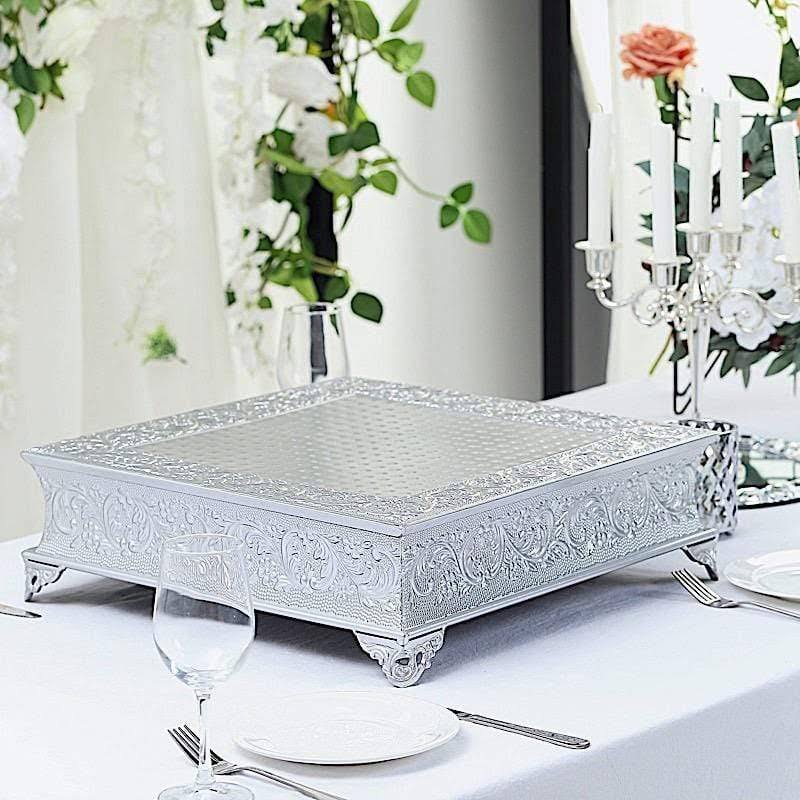 Silver Square Embossed Wedding Cake Stand Riser L65054