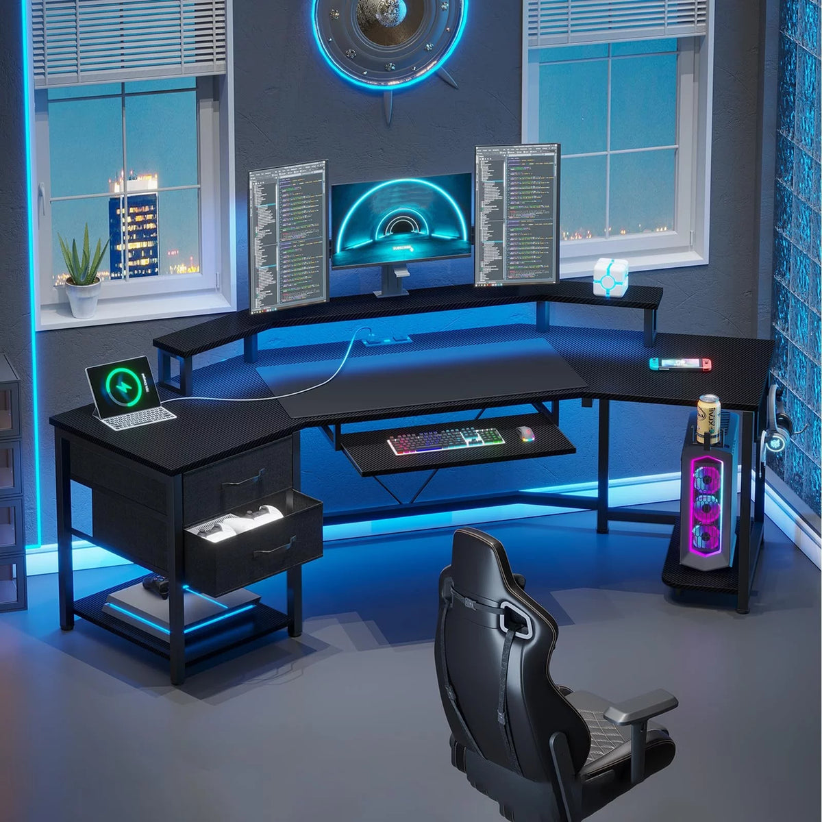 Black L Shaped Gaming Desk with LED Lights, Power Strip, 2 Fabric Drawers, Storage Shelf, Keyboard Tray S8951