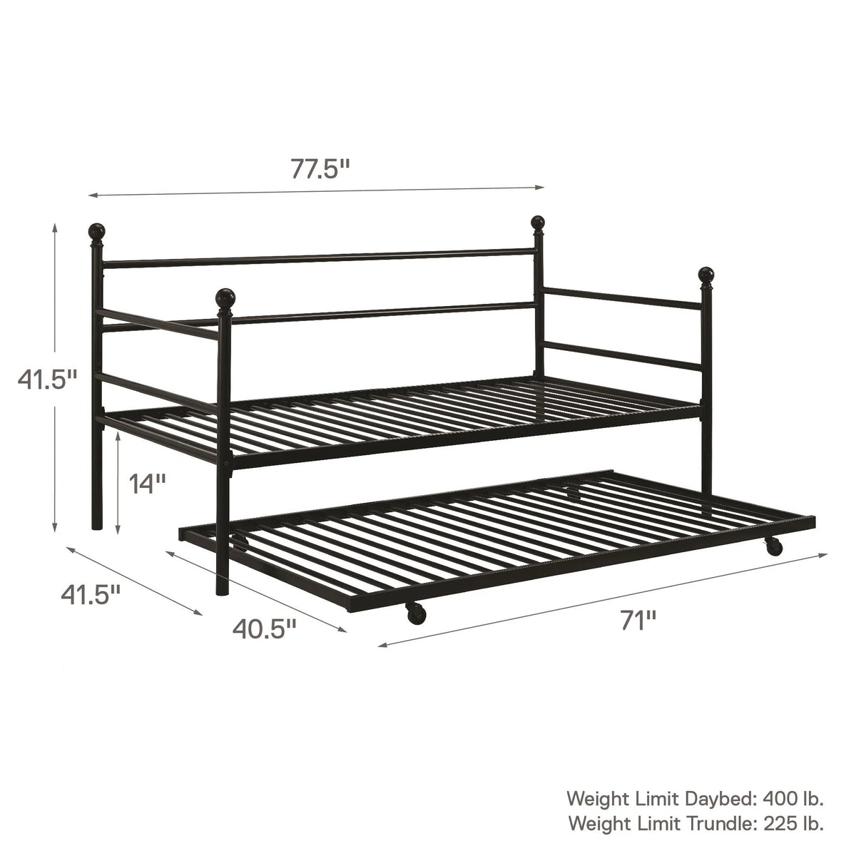 Black Metal Daybed with Trundle, Twin Size Z699