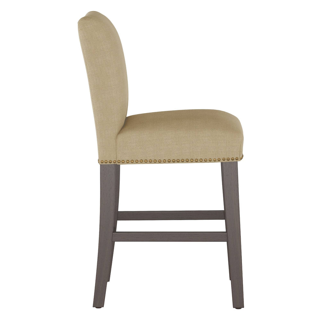 Natural Linen Counter Height Barstool with Brass Nail Buttons U32079