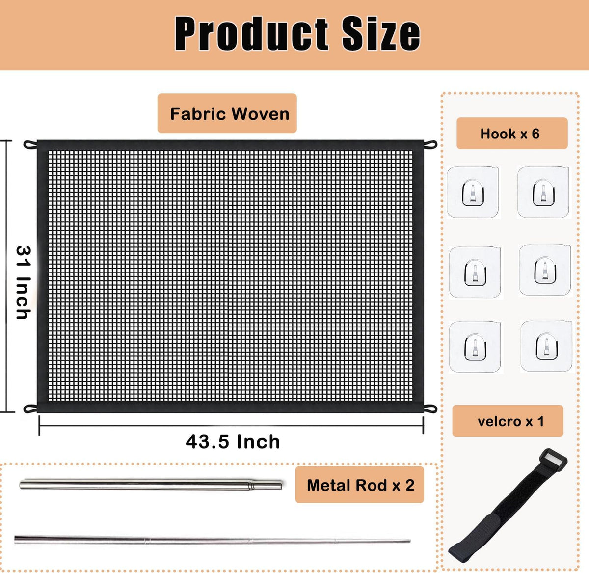 Portable Mesh Pet Gate, 43.5" W x 31" H, 6 Hooks D2792