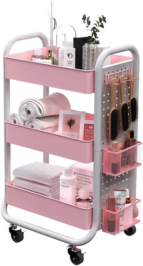 3 Tier Rolling Metal Utility Cart with Hooks Storage Bins Y4016