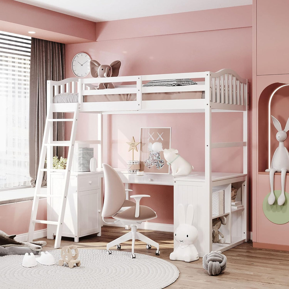 Twin Size Solid Wood Loft Bed with Desk and Storage Shelves C52120