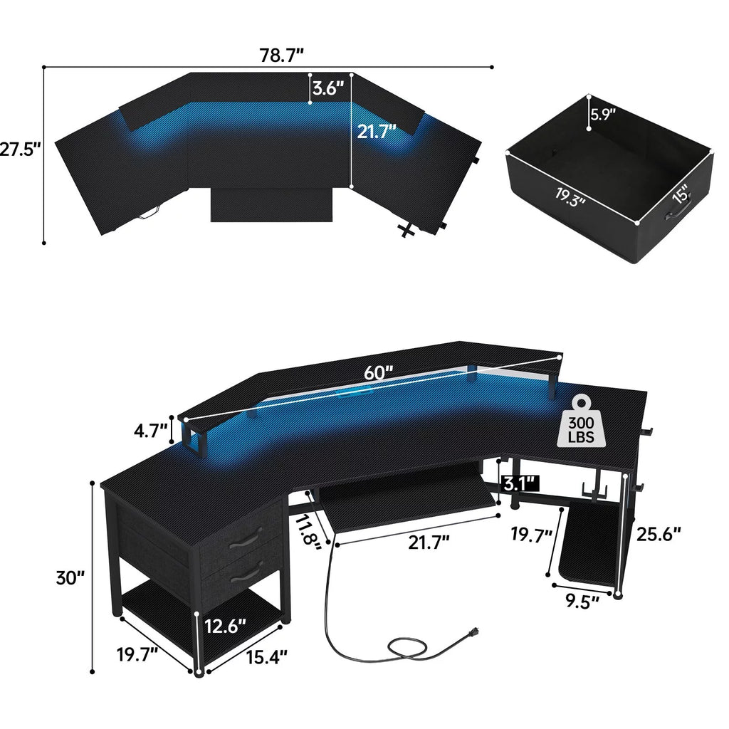 Black L Shaped Gaming Desk with LED Lights, Power Strip, 2 Fabric Drawers, Storage Shelf, Keyboard Tray S8951