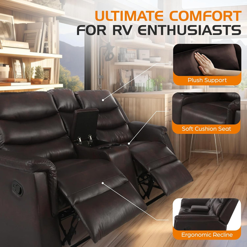 68" Wall Hugger RV Couch with Console Cup Holder Double Seat Reclining Chair Browm C75799