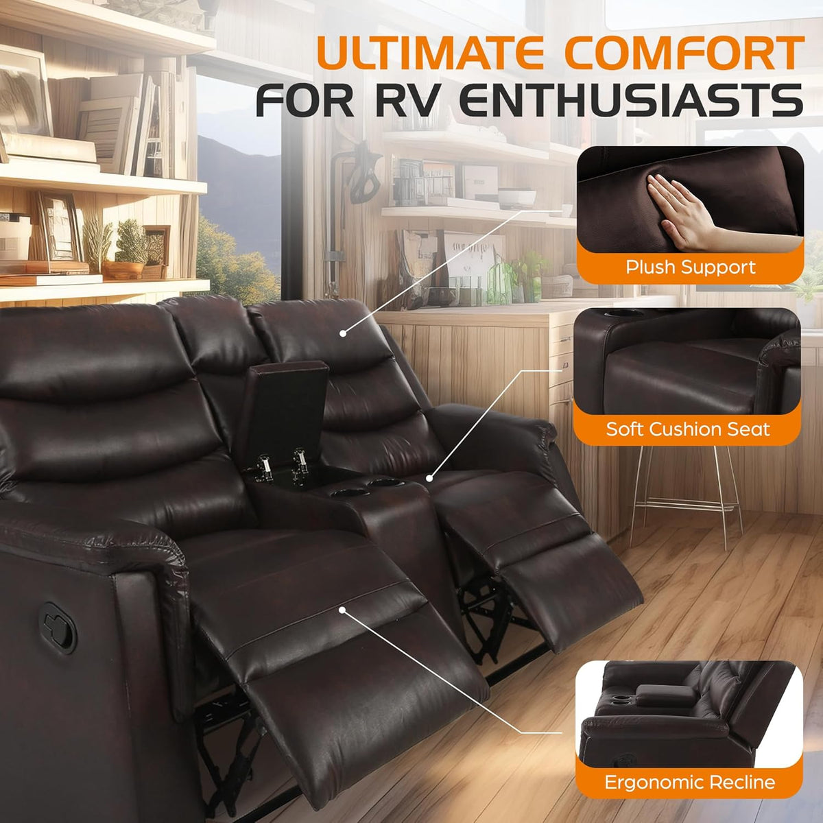 68" Wall Hugger RV Couch with Console Cup Holder Double Seat Reclining Chair Browm C75799