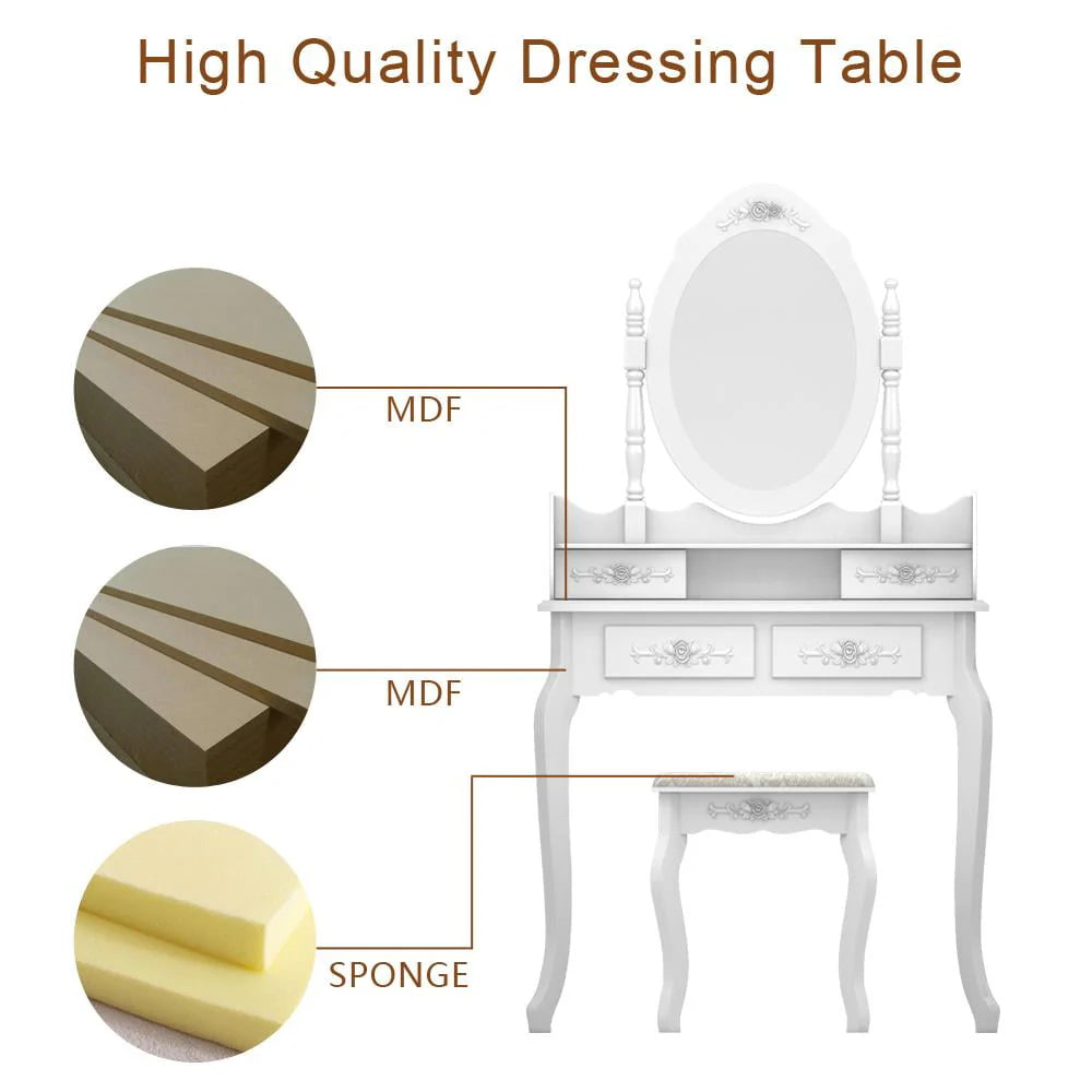 White Dressing Table and Stool Set with 4 Drawers & Mirror X2770