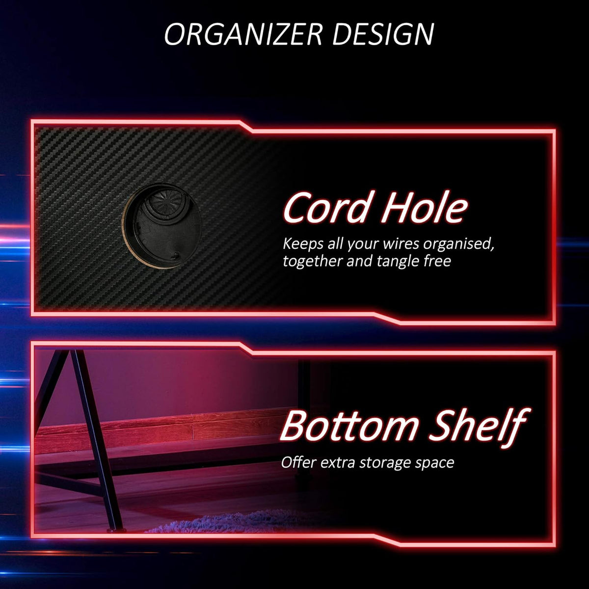 Black Carbon Fiber Style Gaming Desk with Elevated Monitor Shelf I680