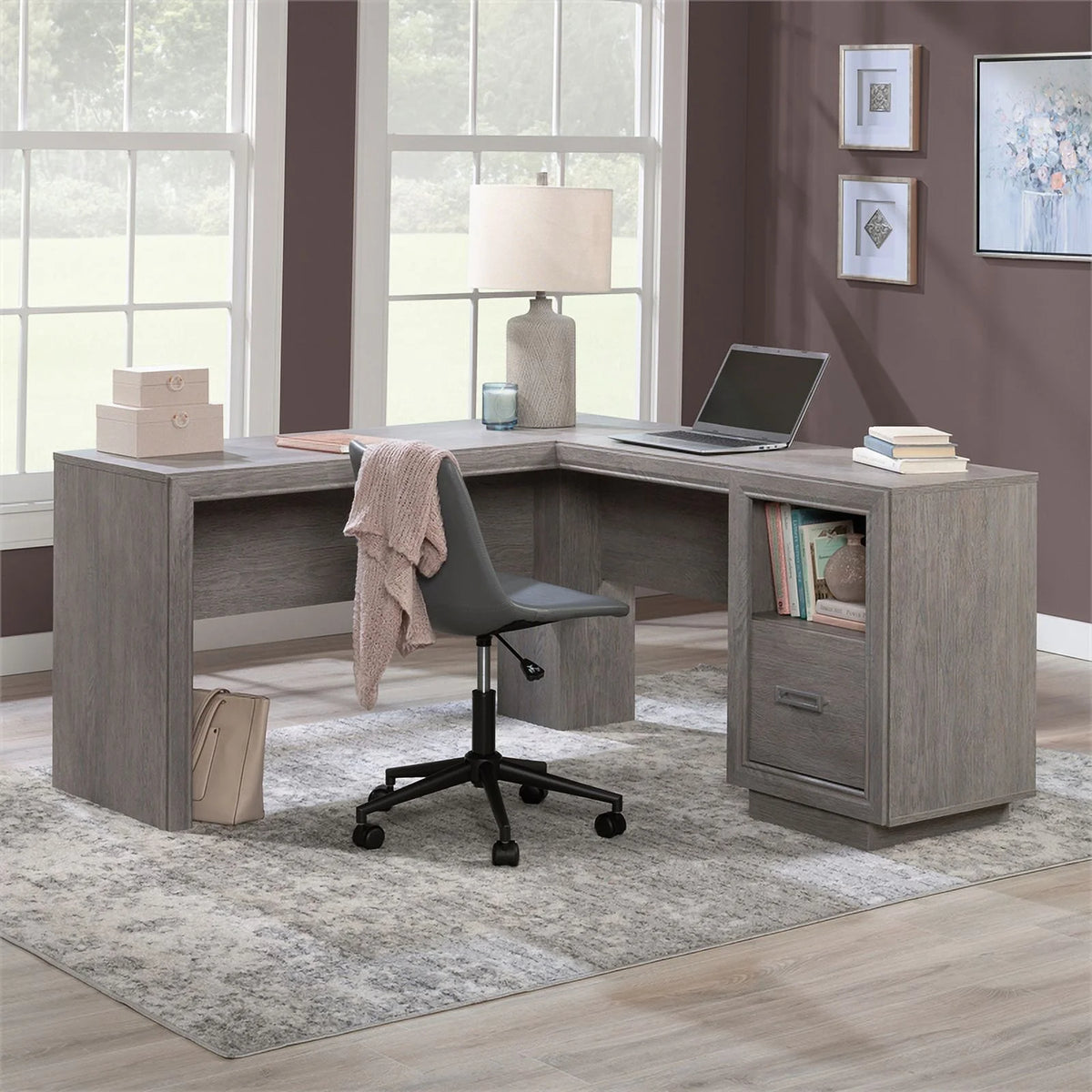 Contemporary L-Desk in Ashen Oak Finish Y251394