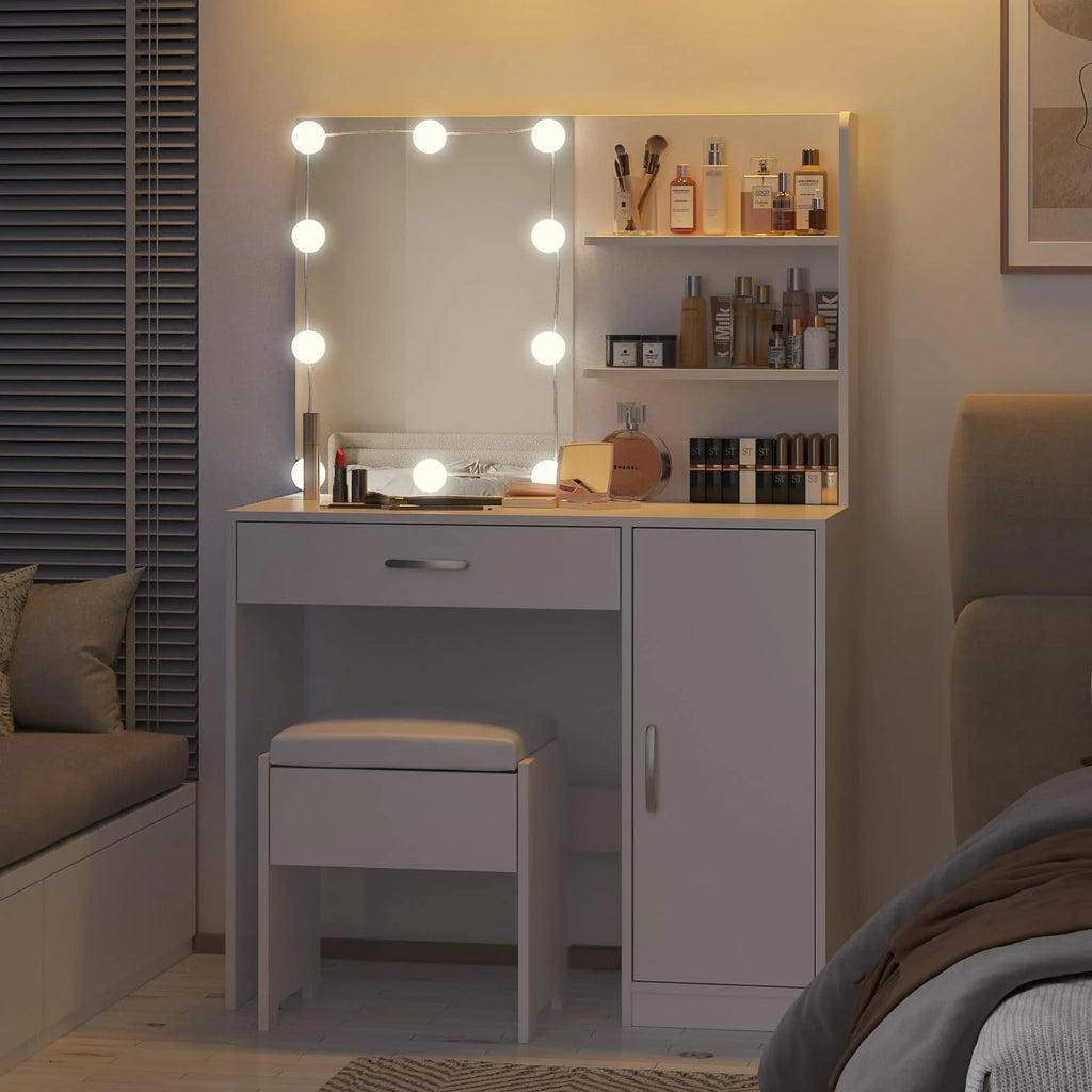 White Makeup Vanity Table Set with Lighted Mirror and Stool R6943