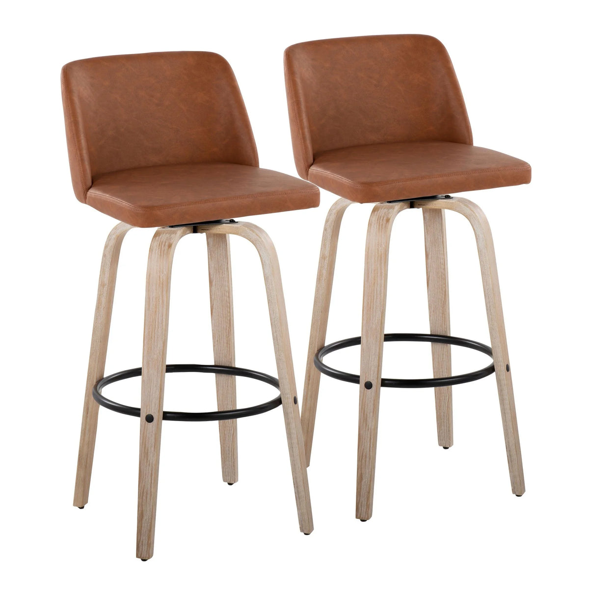White Washed Wood Camel Faux Leather Swivel Barstool Set of 2 N613
