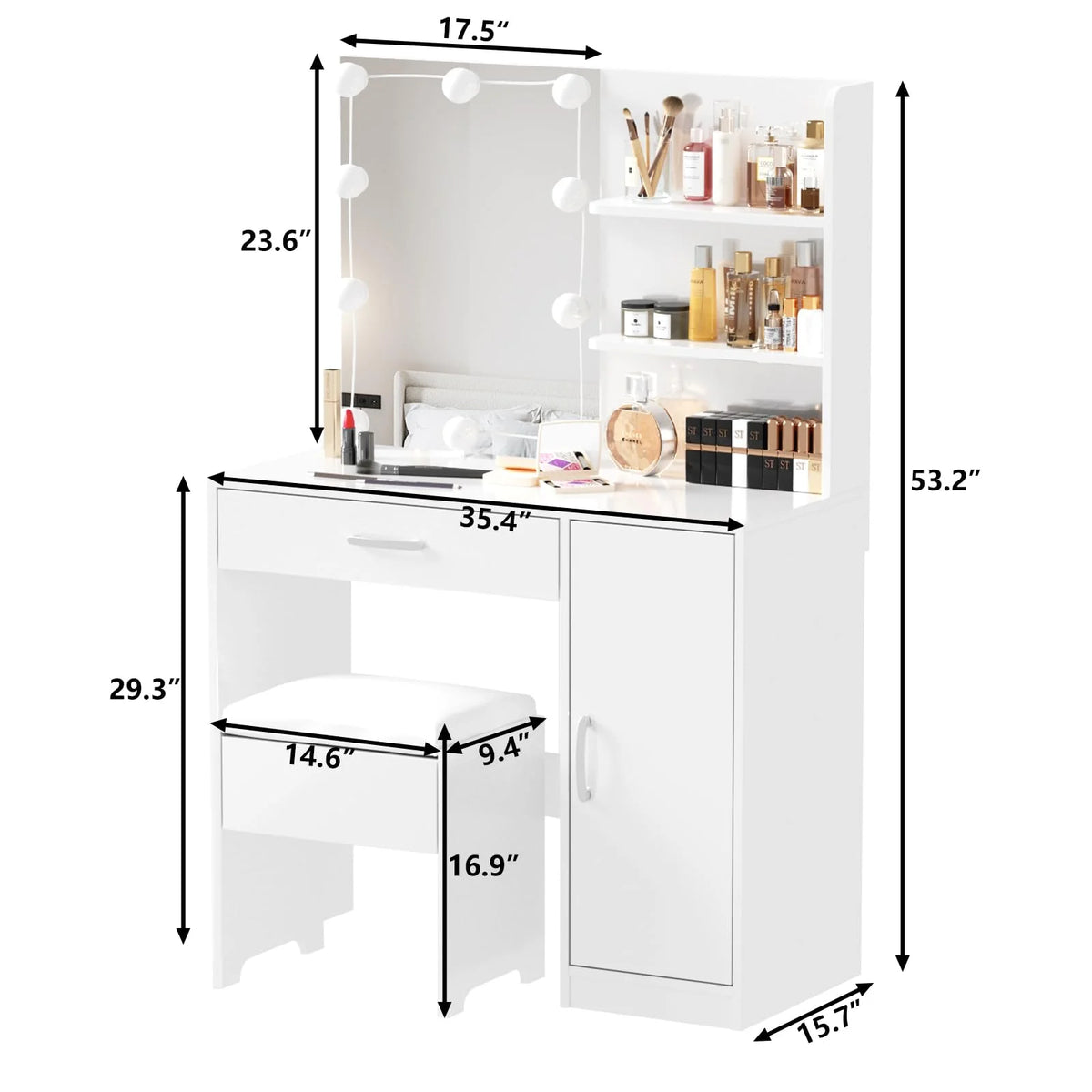 White Makeup Vanity Table Set with Lighted Mirror and Stool R6943