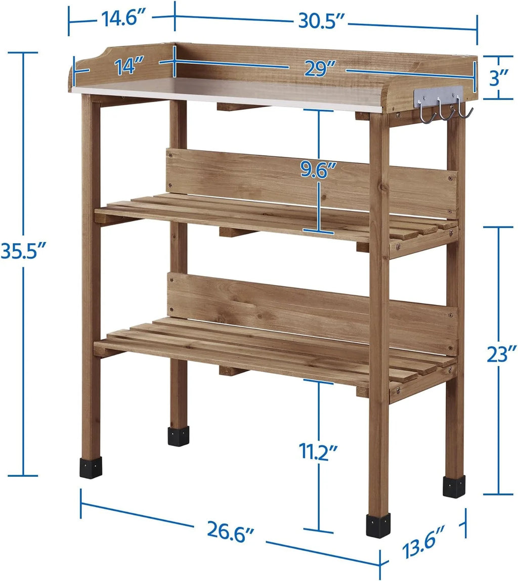 Brown Wooden Potting Bench with Metal Tabletop and Storage Shelf X912