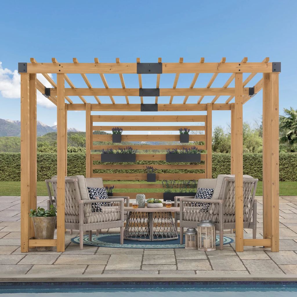 10.5 ft. x 10 ft. Cedar Wood Pergola with Adjustable Hanging Planters Q829597