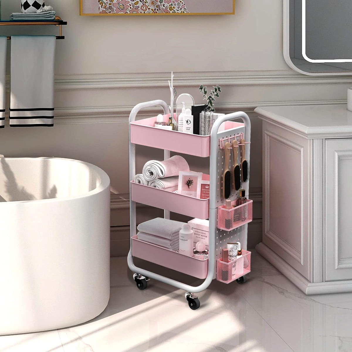 3 Tier Rolling Metal Utility Cart with Hooks Storage Bins Y4016