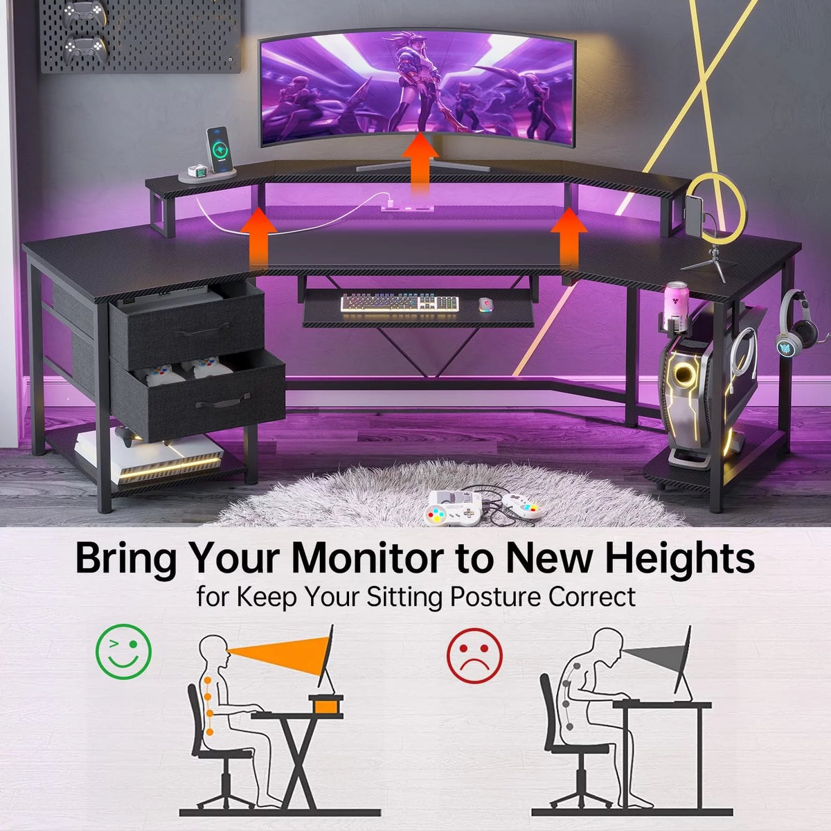 Black L Shaped Gaming Desk with LED Lights, Power Strip, 2 Fabric Drawers, Storage Shelf, Keyboard Tray S8951