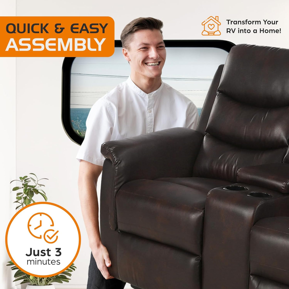 68" Wall Hugger RV Couch with Console Cup Holder Double Seat Reclining Chair Browm C75799