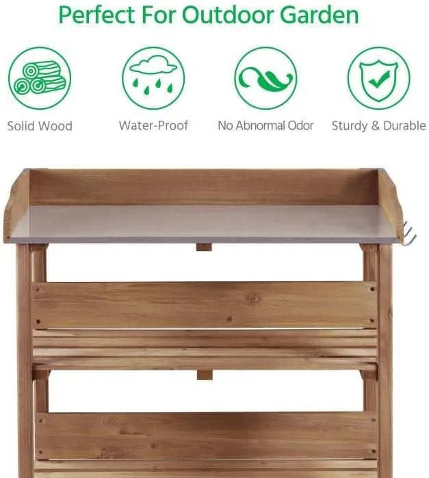 Brown Wooden Potting Bench with Metal Tabletop and Storage Shelf X912