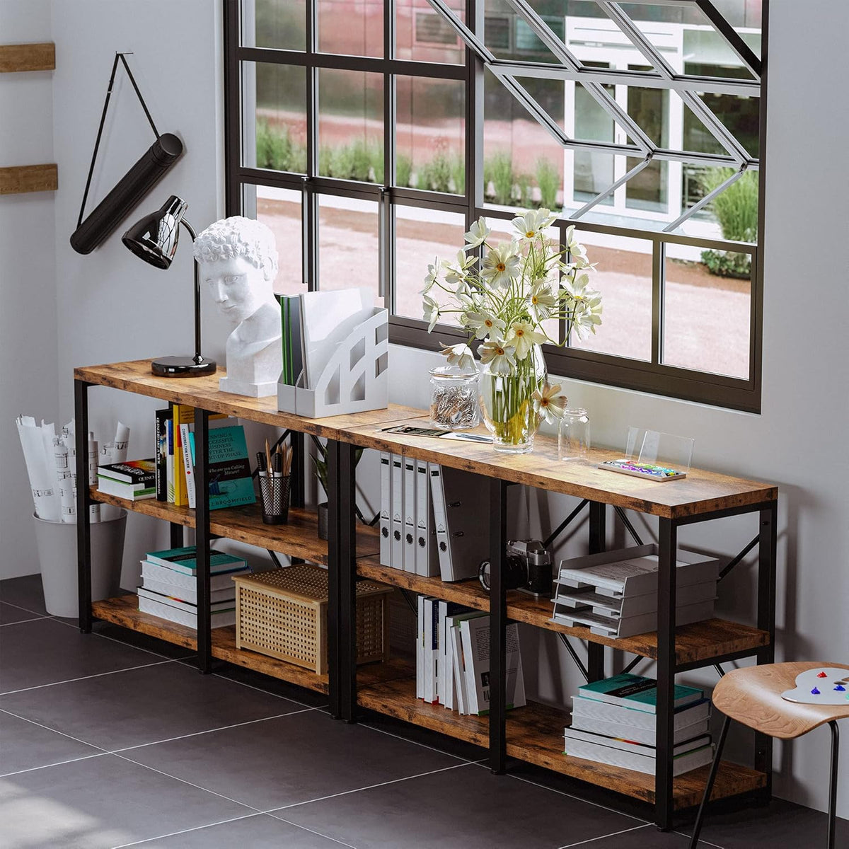 Double Wide 3 Tier Wood and Metal Bookshelf Y894099