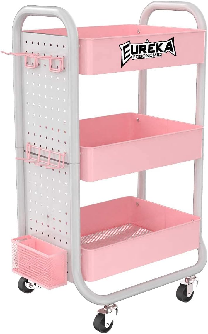 3 Tier Rolling Metal Utility Cart with Hooks Storage Bins Y4016
