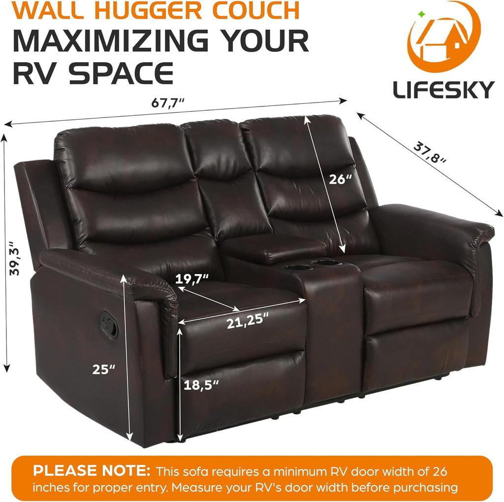 68" Wall Hugger RV Couch with Console Cup Holder Double Seat Reclining Chair Browm C75799
