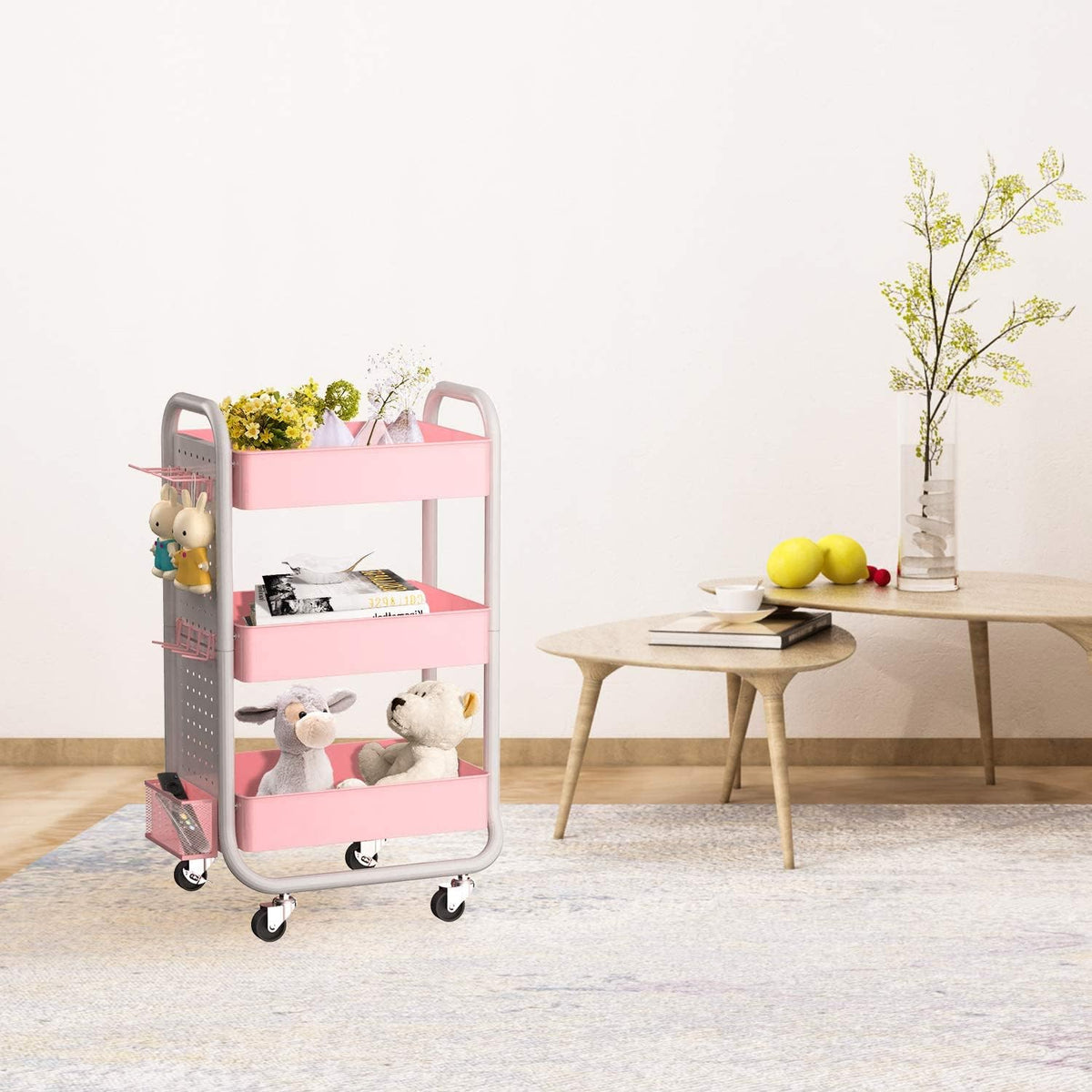3 Tier Rolling Metal Utility Cart with Hooks Storage Bins Y4016