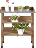 Brown Wooden Potting Bench with Metal Tabletop and Storage Shelf X912