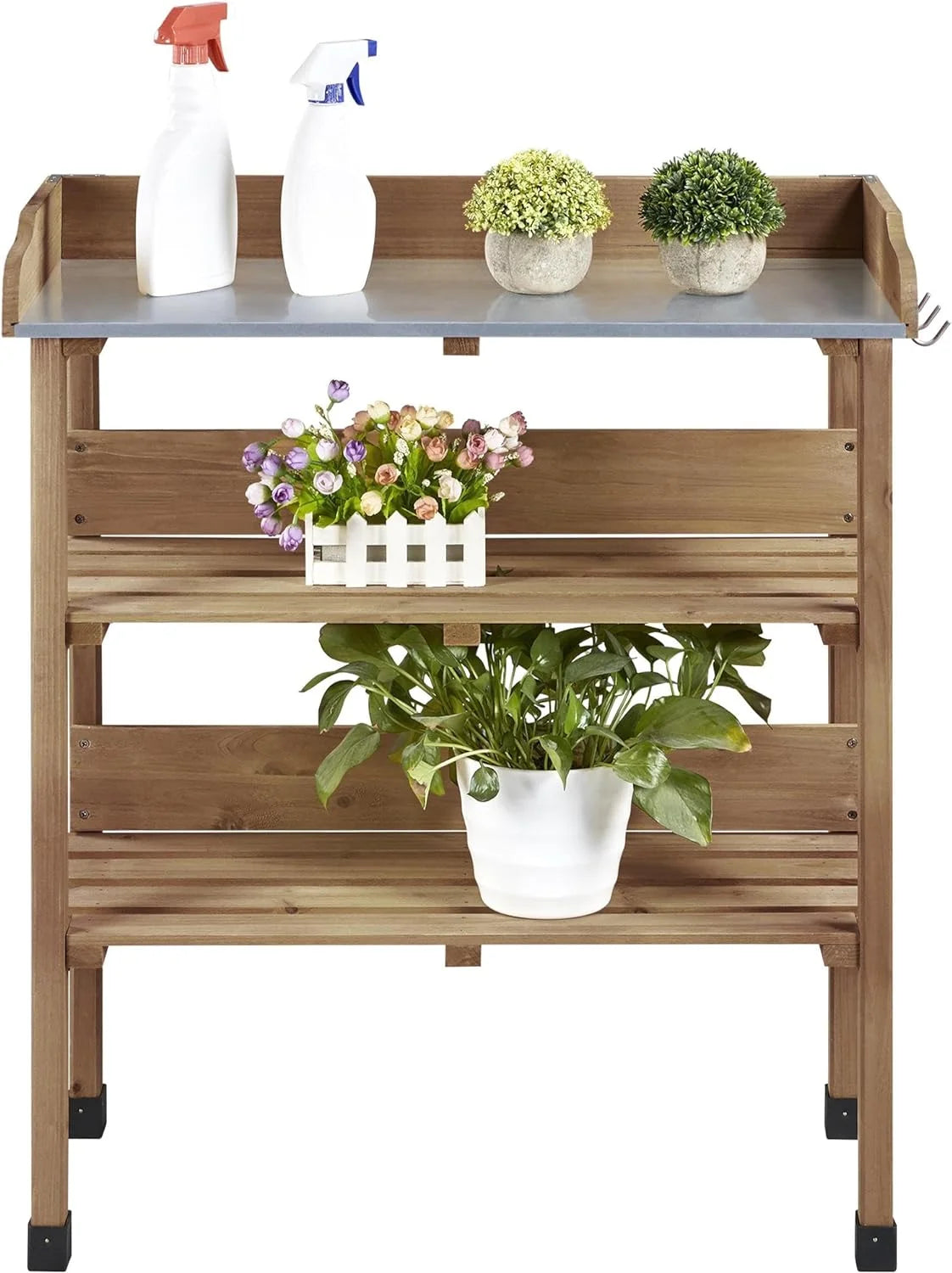 Brown Wooden Potting Bench with Metal Tabletop and Storage Shelf X912