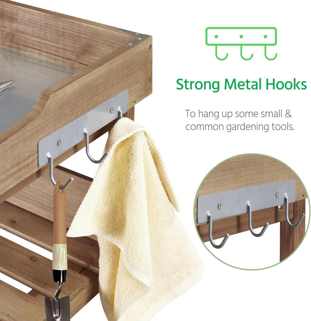 Brown Wooden Potting Bench with Metal Tabletop and Storage Shelf X912