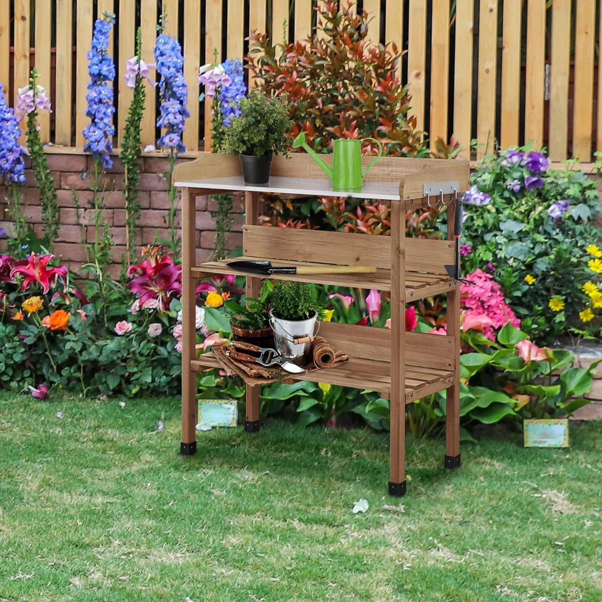 Brown Wooden Potting Bench with Metal Tabletop and Storage Shelf X912