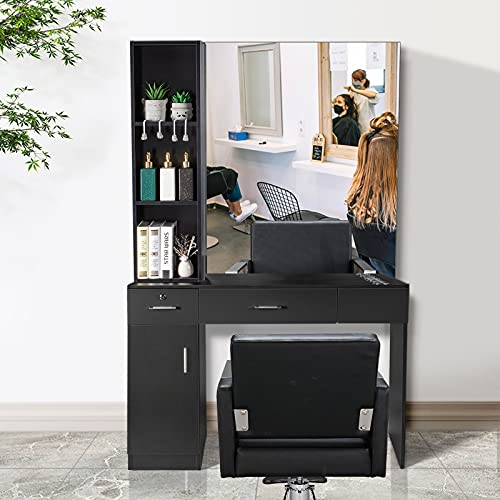Black Wall Mount Barber Station with Mirror, 2 Drawers, 1 Storage Cabinet, 3 Open Shelves Y560