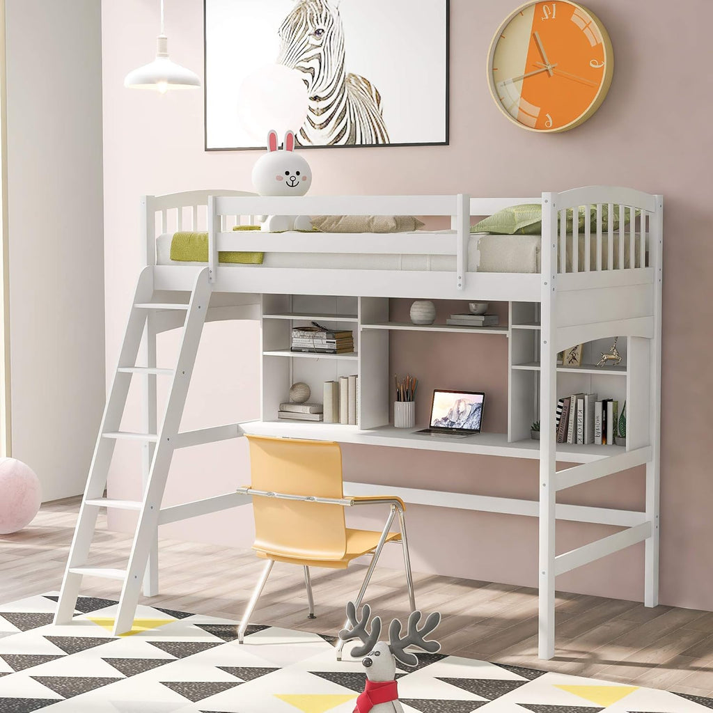 Twin Size Solid Wood Loft Bed with Desk and Storage Shelves C52120