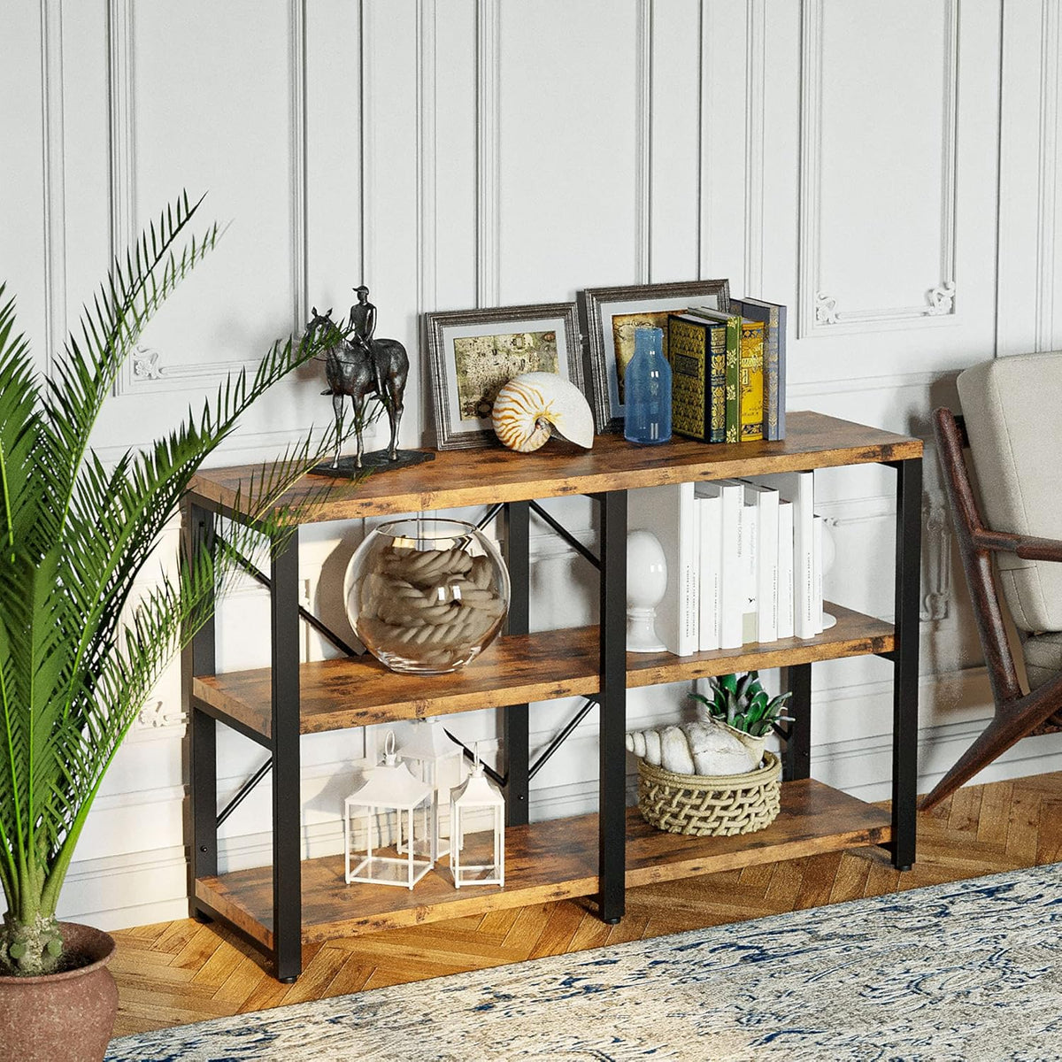 Double Wide 3 Tier Wood and Metal Bookshelf Y894099