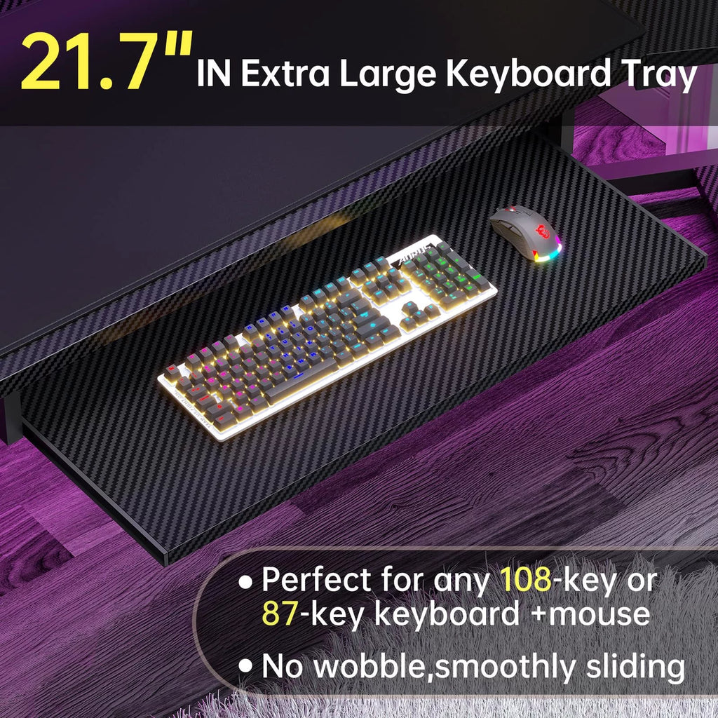 Black L Shaped Gaming Desk with LED Lights, Power Strip, 2 Fabric Drawers, Storage Shelf, Keyboard Tray S8951