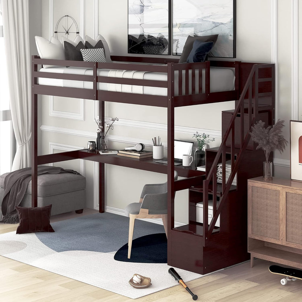 Twin Size Solid Wood Loft Bed with Desk and Storage Shelves C52120