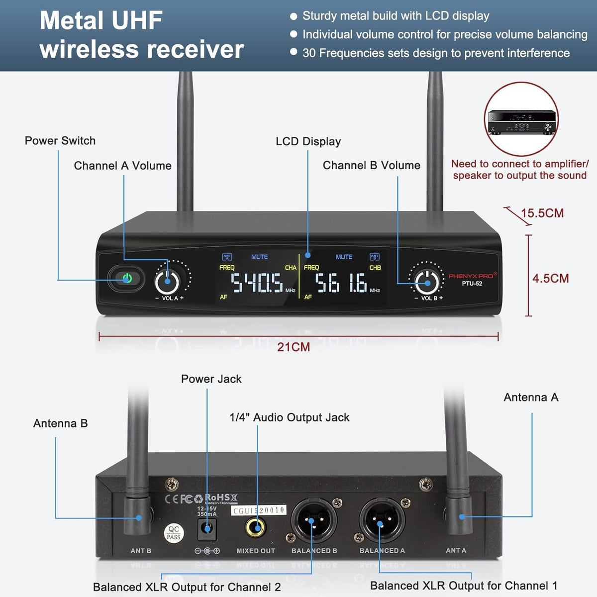 UHF Wireless Microphone System, 30 Adjustable Frequencies, Handheld/Bodypack/Headset/Lapel Mic Set with Case G485