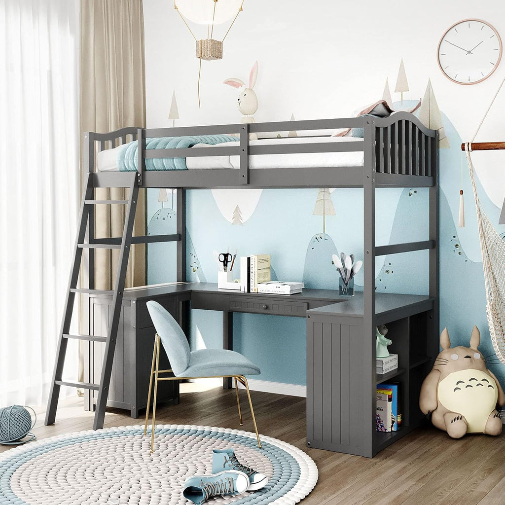 Twin Size Solid Wood Loft Bed with Desk and Storage Shelves C52120