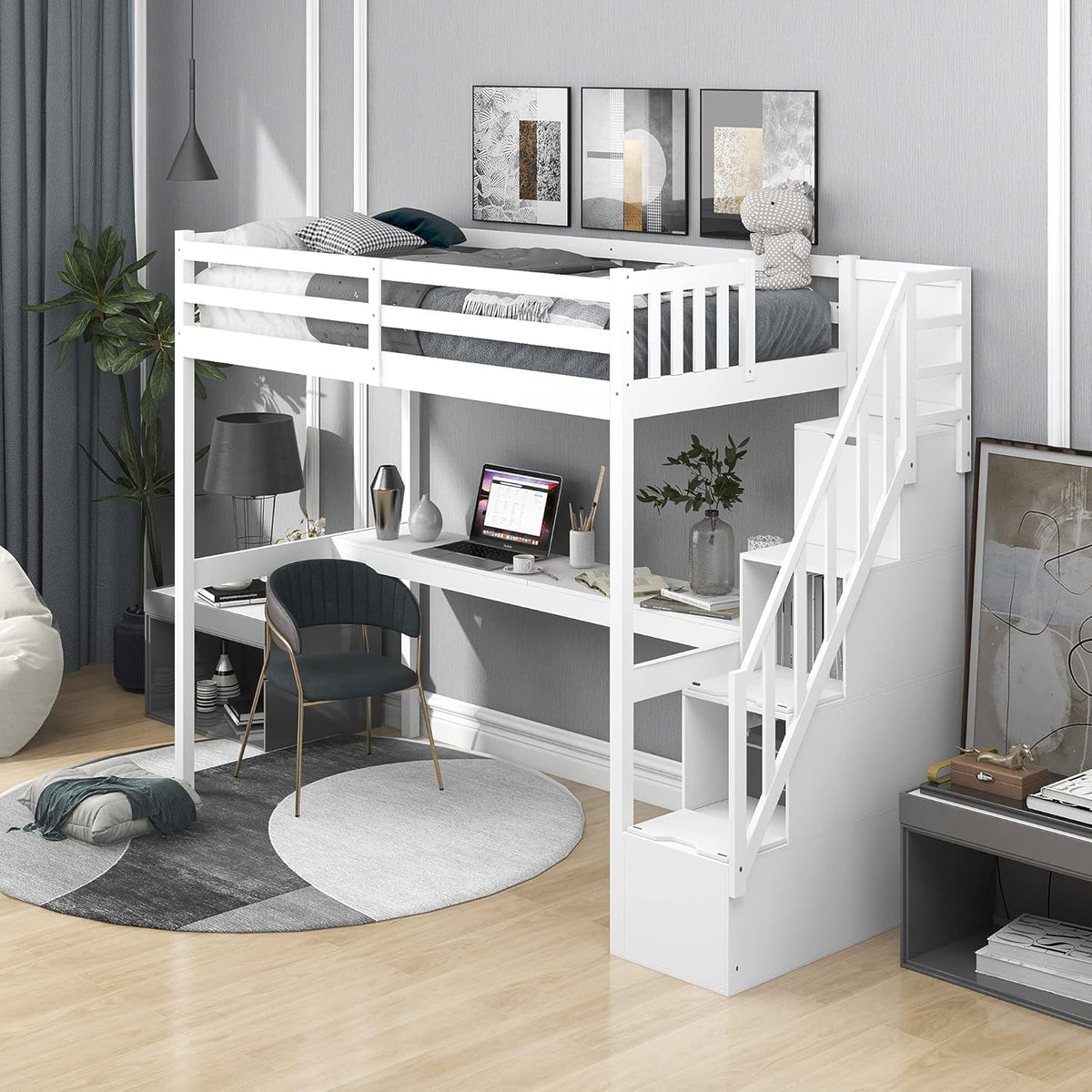 Twin Size Solid Wood Loft Bed with Desk and Storage Shelves C52120