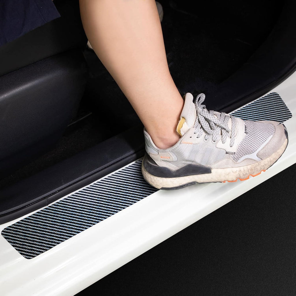 Carbon Fiber Textured Leather Car Door Sill Protection Anti-Scratch Strip 4 Pieces Set Y684