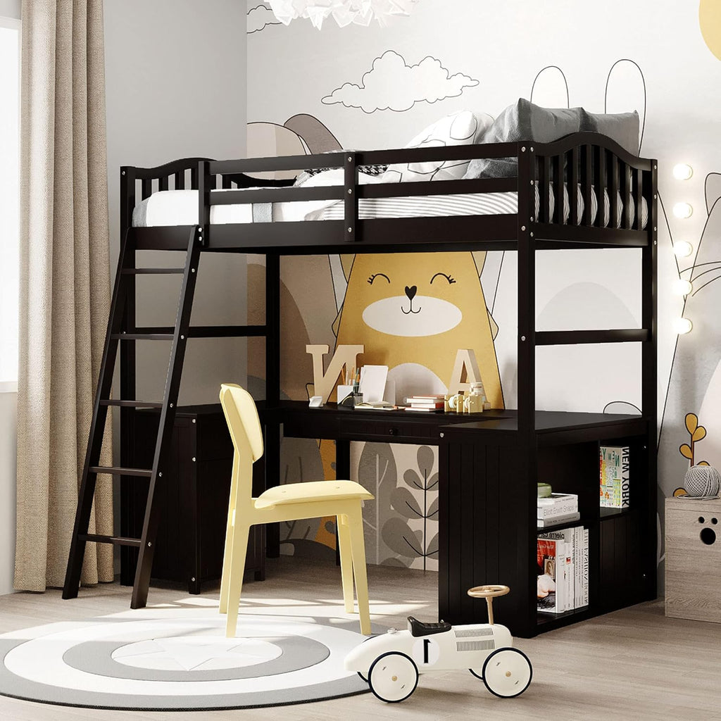Twin Size Solid Wood Loft Bed with Desk and Storage Shelves C52120