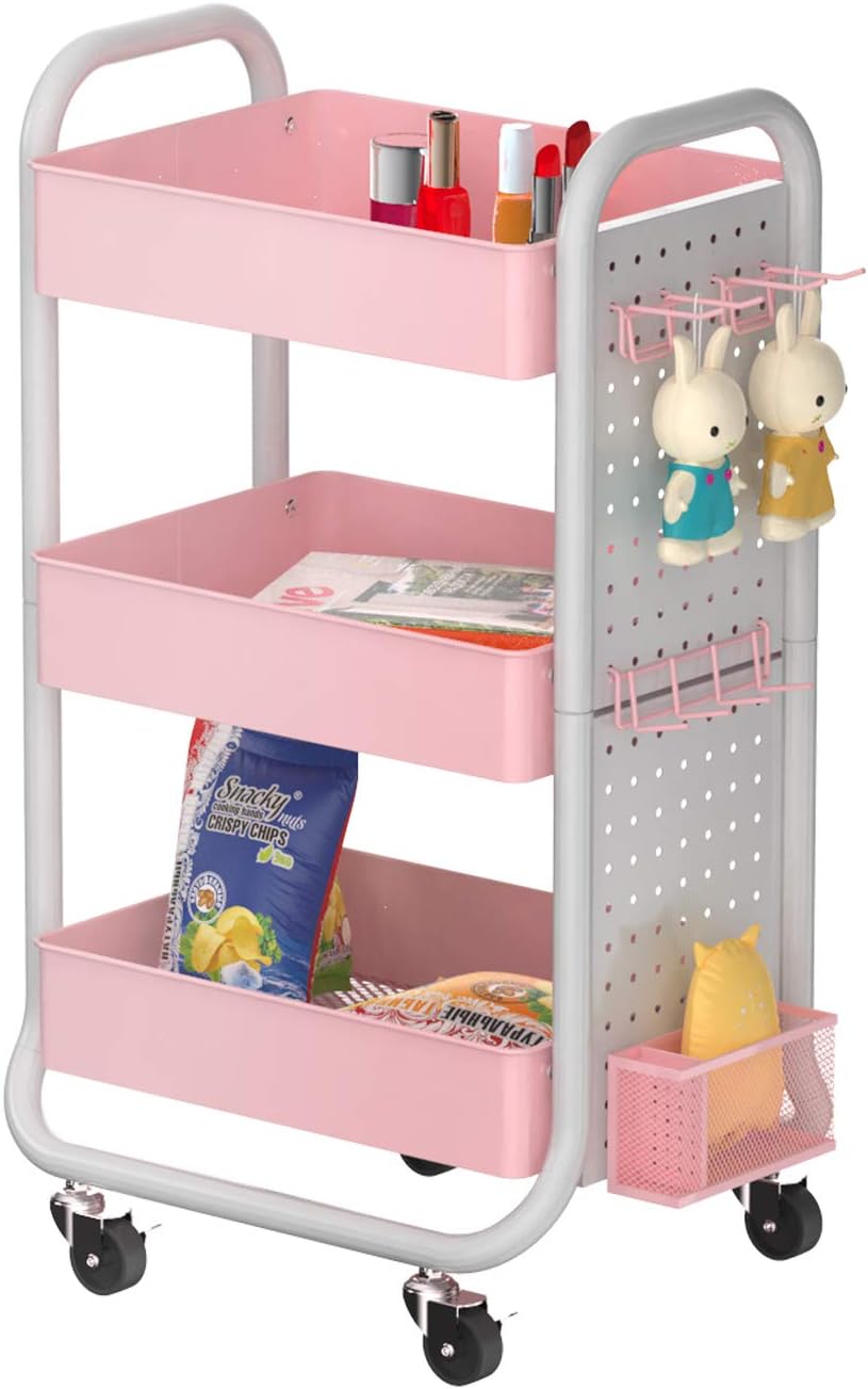 3 Tier Rolling Metal Utility Cart with Hooks Storage Bins Y4016