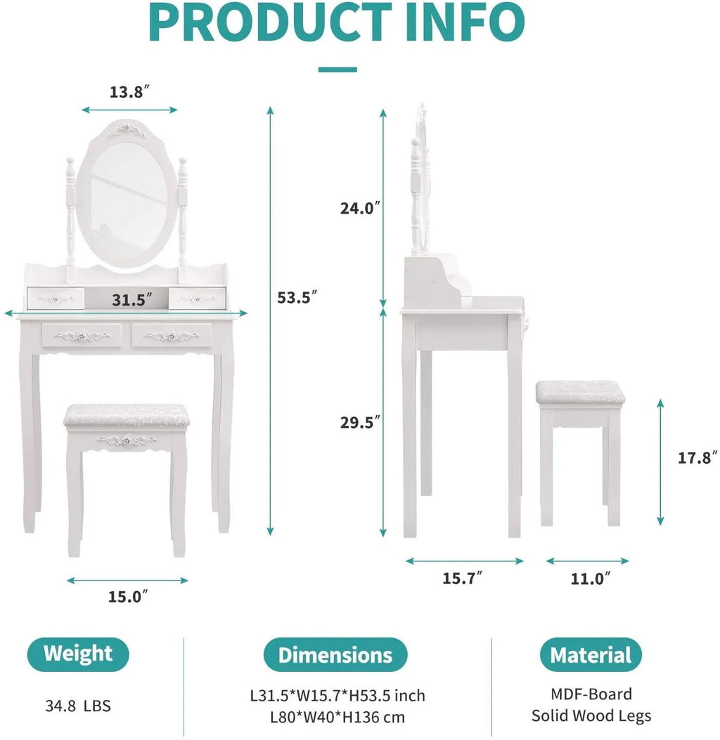 White Dressing Table and Stool Set with 4 Drawers & Mirror X2770