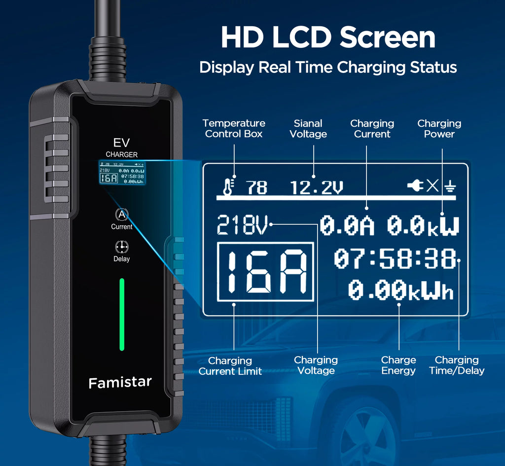 16Amp 110-240V Portable J1772 Electric Car Charger with 25ft Cord R9356