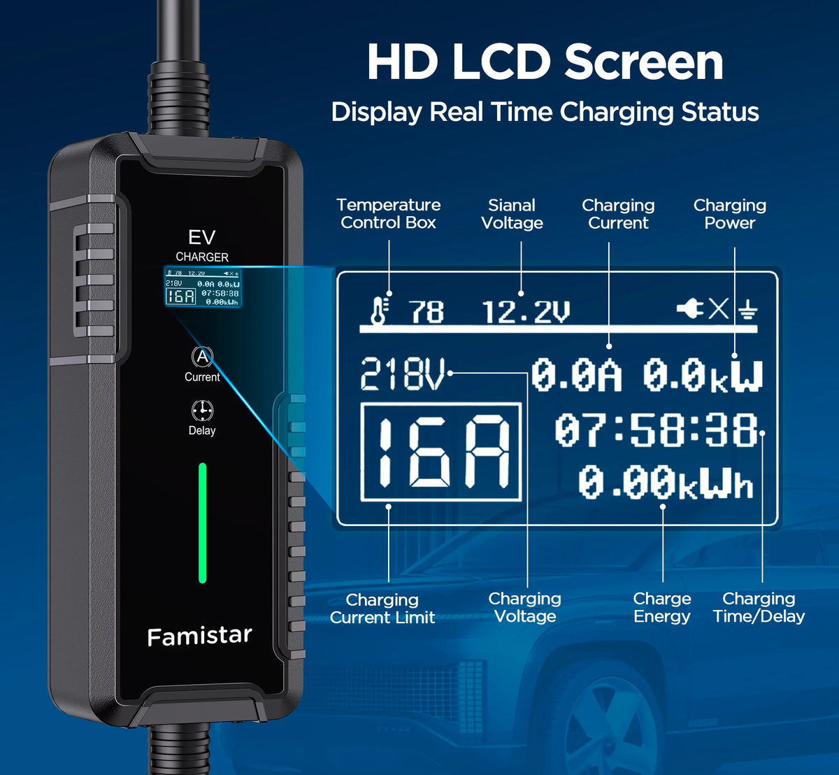 16Amp 110-240V Portable J1772 Electric Car Charger with 25ft Cord R9356