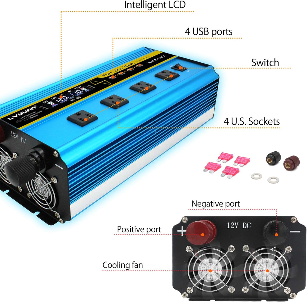 Pure Sine Wave Inverter 2500 Watt 12V to 110V DC to AC with Remote Controller LCD Display 4 AC Sockets 4 USB Charge Ports O145225