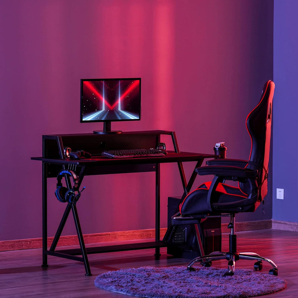 Black Carbon Fiber Style Gaming Desk with Elevated Monitor Shelf I680