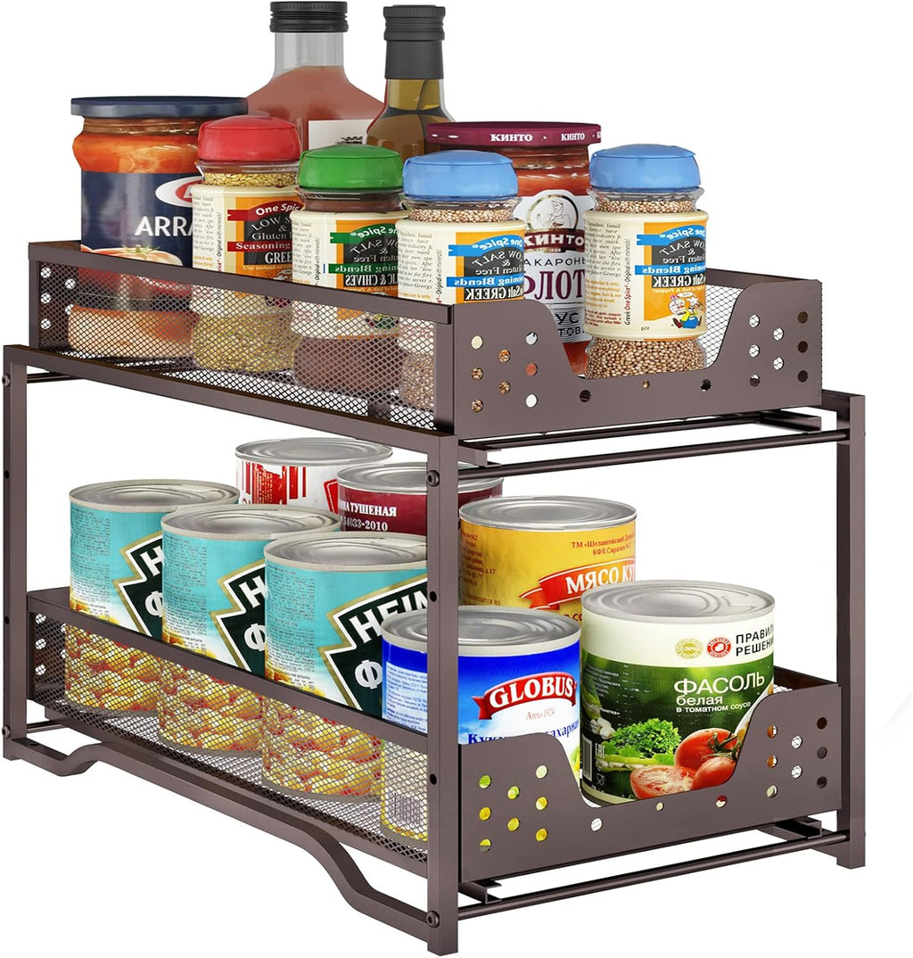 2-Tier Stackable Under Sink Cabinet Organizer with Sliding Storage Drawer, Bronze D2884